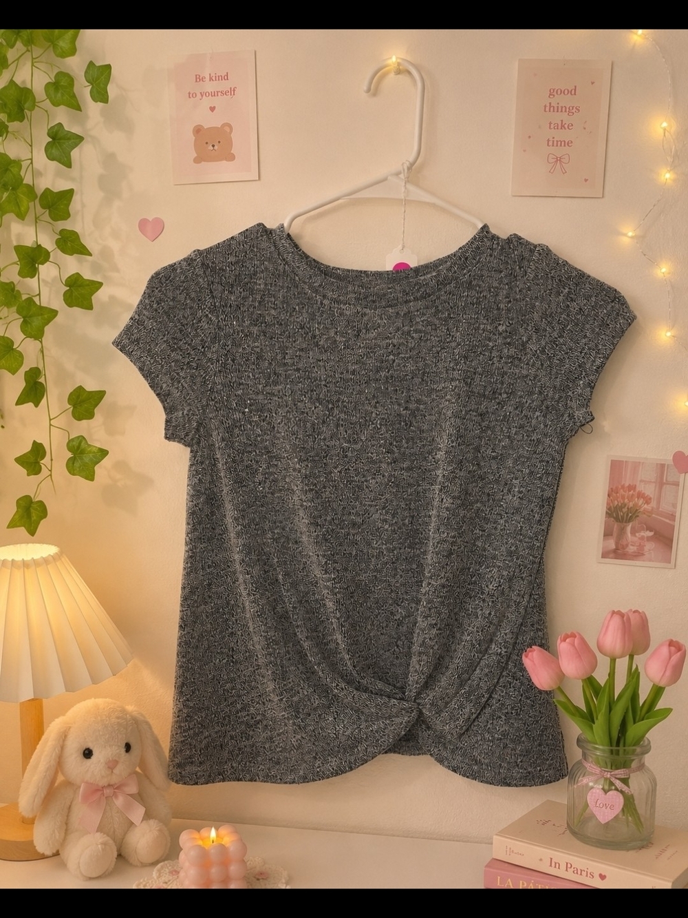 More Than Magic Gray Twist-Hem Short-Sleeve Knit Top